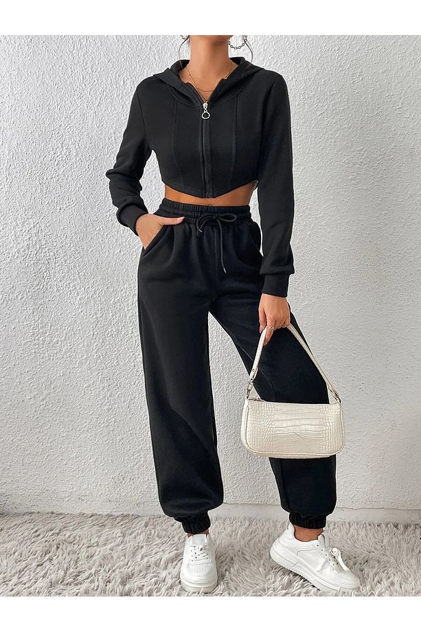 KOPYA - KOPYA - İKİLİ Jogger Eşofman Altı-Siyah Ve Gri Lastik Paça Yüksek Bel Eşofman - 4