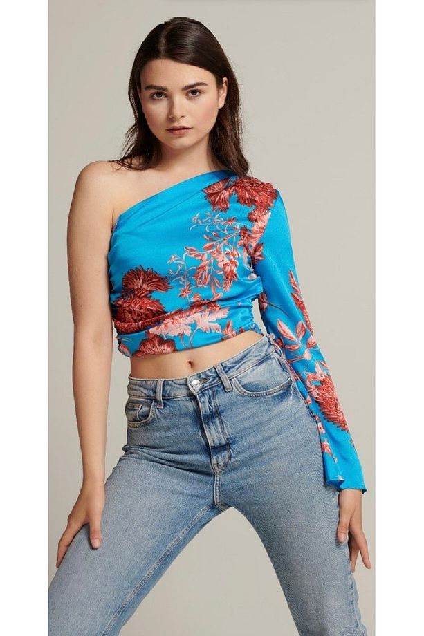 Desenli Tek Kollu Crop Saten Bluz - 1