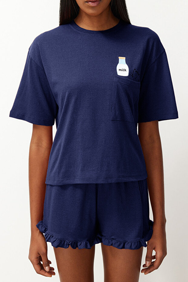 Lacivert %100 Pamuklu Fırfırlı Baskılı Şortlu Örme Pijama Takımı THMSS22PT0422 - 6