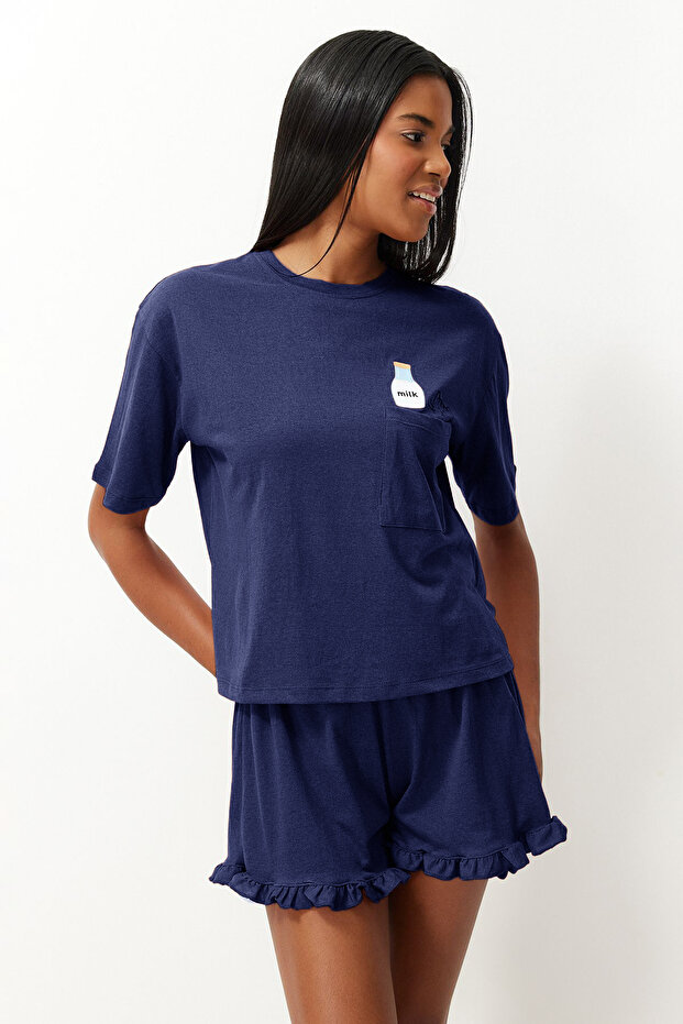 Lacivert %100 Pamuklu Fırfırlı Baskılı Şortlu Örme Pijama Takımı THMSS22PT0422 - 5