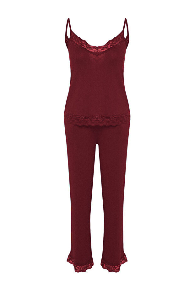 Bordo Dantelli ve Kurdele/Fiyonk Detaylı İp Askılı Viskon Örme Pijama Takımı THMSS20PT0134 - 9