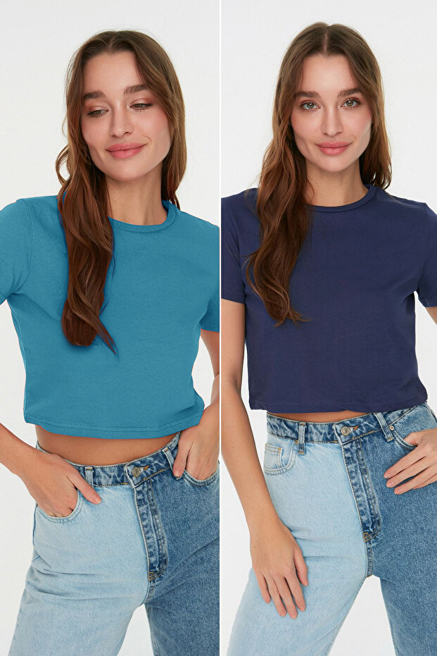Lacivert-Turkuaz 2'li Paket %100 Pamuk Crop Bisiklet Yaka Örme T-Shirt TWOSS20TS1480 - 2