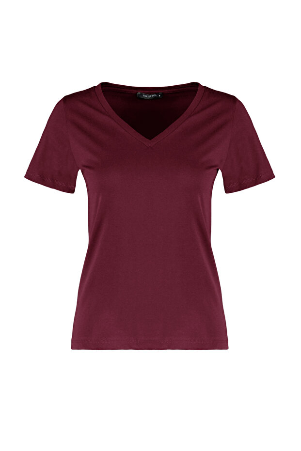 Koyu Vişne %100 Pamuk Basic V Yaka Örme T-Shirt TWOSS23TS00001 - 5