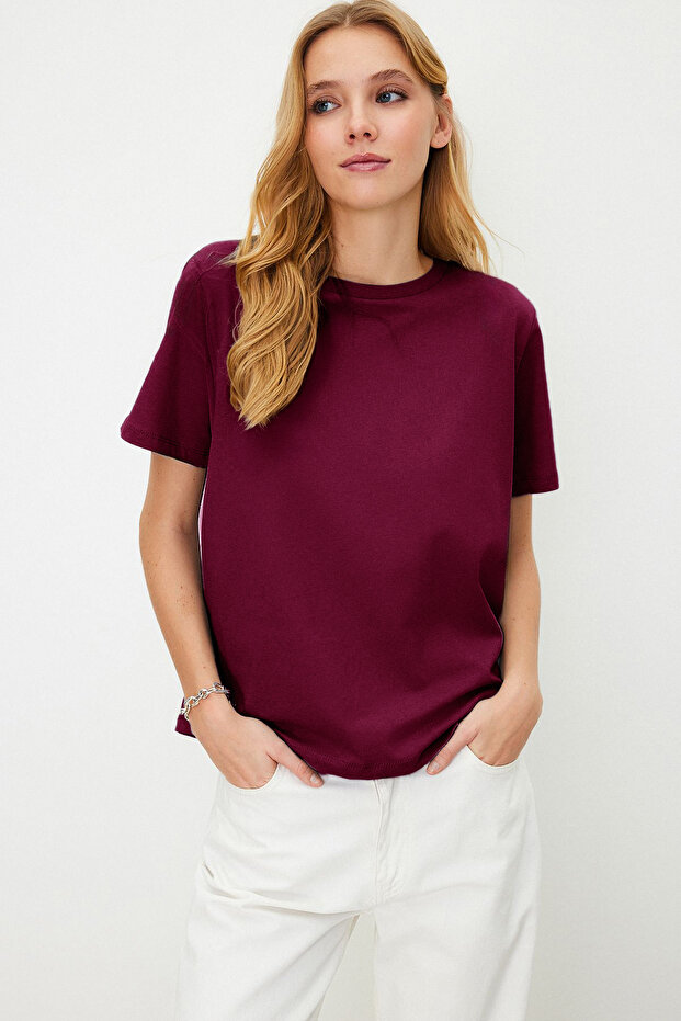 Koyu Vişne %100 Pamuk Basic Bisiklet Yaka Örme T-Shirt TWOSS23TS00000 - 3