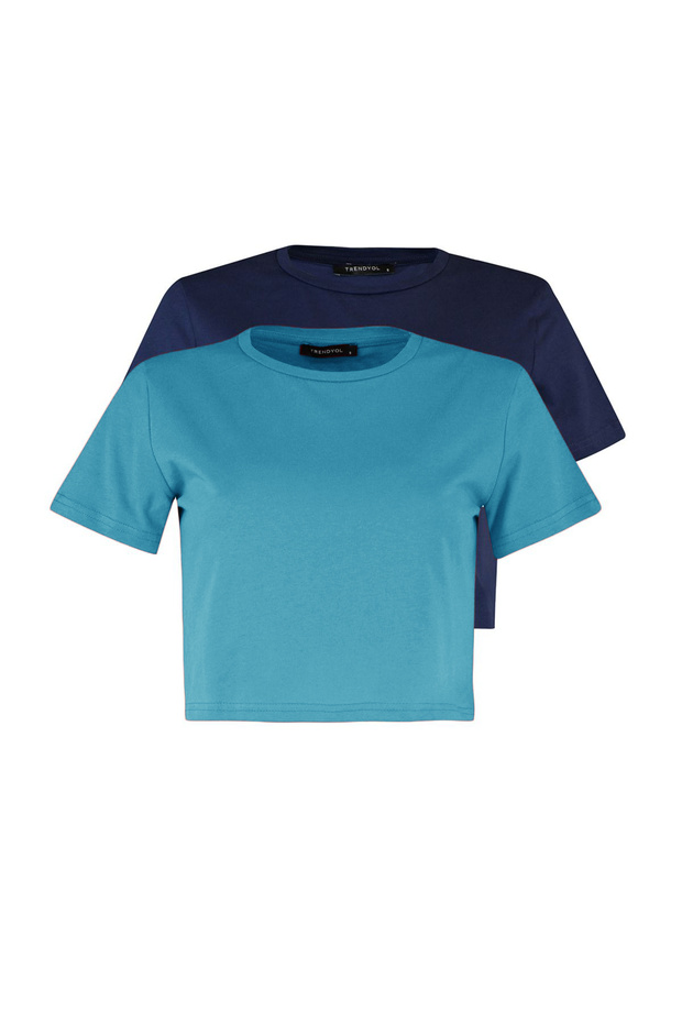 Lacivert-Turkuaz 2'li Paket %100 Pamuk Crop Bisiklet Yaka Örme T-Shirt TWOSS20TS1480 - 6