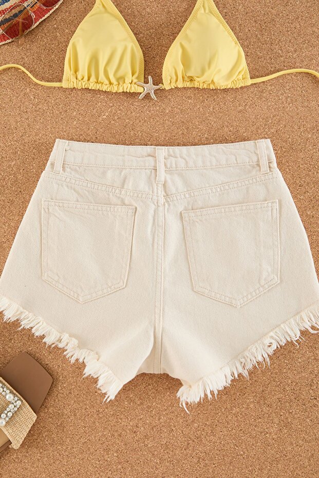 Bej Denim Nakışlı Plaj Mini Yüksek Bel Şort & Bermuda TBESS22SR0392 - 7