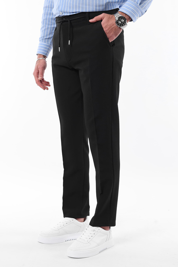 Siyah Slim Fit Beli Bağlama Detaylı Lastikli Kumaş Dokuma Pantolon TMNAW25PL00027 - 3