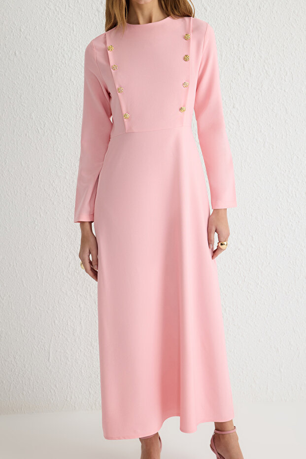 Açık Pembe Çiçek Düğmeli Dokuma Elbise TCTSS25EB00032 - 3
