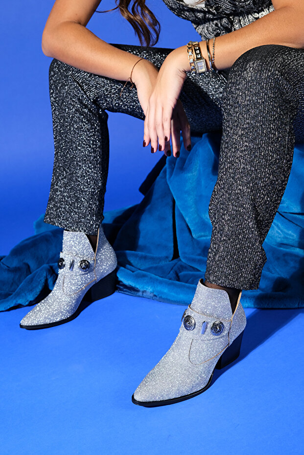Kenda Silver Glitter Back Zipper Buckle Women's Thick Heeled Boots