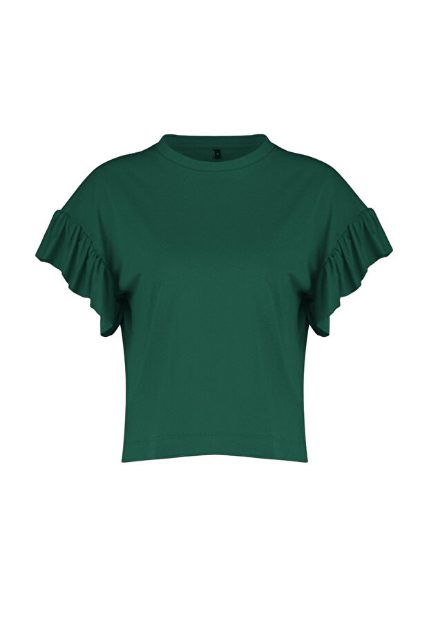 Zümrüt Yeşili %100 Pamuk Fırfır Detaylı Basic Bisiklet Yaka Örme T-Shirt TWOSS22TS2429 - 7