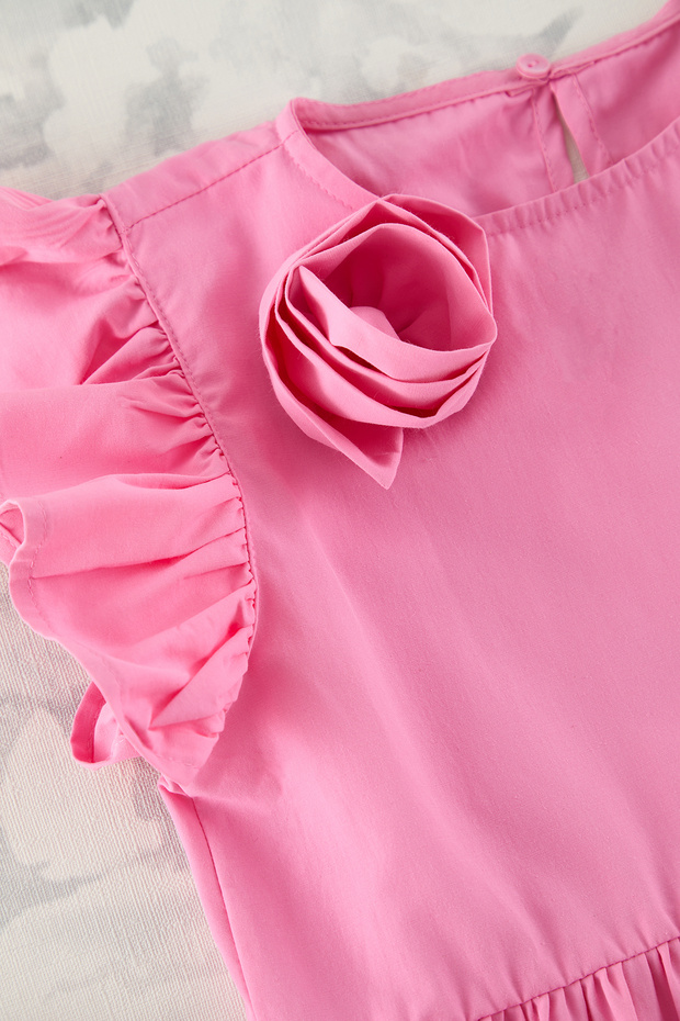 Pembe Kız Çocuk Mini Me Çiçekli Dokuma Elbise TKDSS25EL00044 - 7