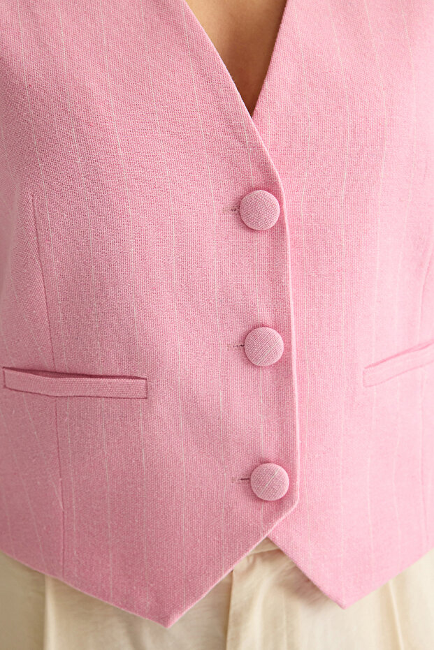 Açık Pembe Regular Çizgili Pamuk Keten Crop Dokuma Yelek TWOSS24YE00025 - 5