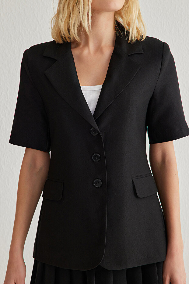 Siyah Kısa Kollu Kemersiz Dokuma Blazer Ceket TWOSS25BC00002 - 3