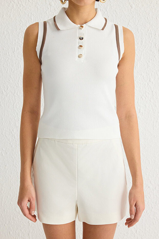 Ekru Polo Yaka Renk Bloklu Triko Bluz TWOSS24BZ00244 - 7