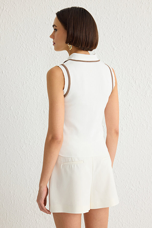 Ekru Polo Yaka Renk Bloklu Triko Bluz TWOSS24BZ00244 - 9