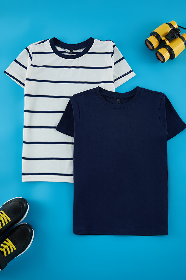 Lacivert-Ekru 2'li Erkek Çocuk Basic-Çizgili Regular Kalıp Kısa Kol Örme T-Shirt TKDSS25TS00025 - 2