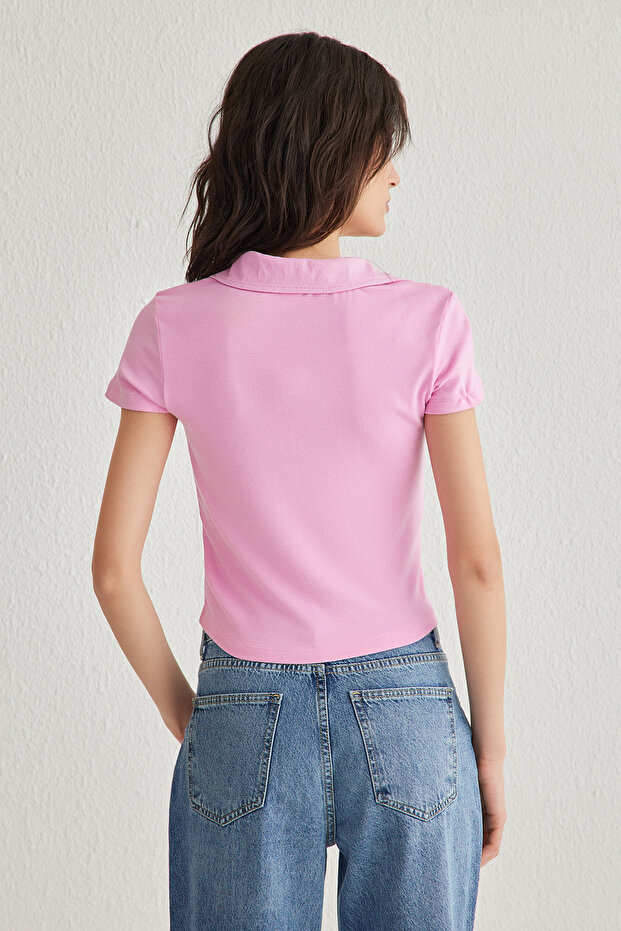 Açık Pembe Düz Fitted/Vücuda Oturan Polo Yaka Örme Bluz TWOSS25BZ00003 - 5