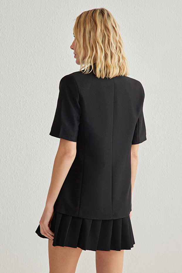 Siyah Kısa Kollu Kemersiz Dokuma Blazer Ceket TWOSS25BC00002 - 5