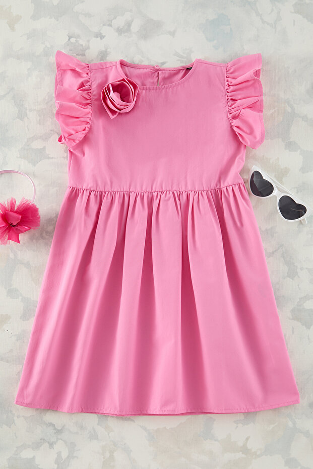 Pembe Kız Çocuk Mini Me Çiçekli Dokuma Elbise TKDSS25EL00044 - 6