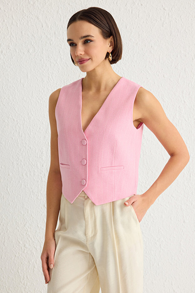 Açık Pembe Regular Çizgili Pamuk Keten Crop Dokuma Yelek TWOSS24YE00025 - 2