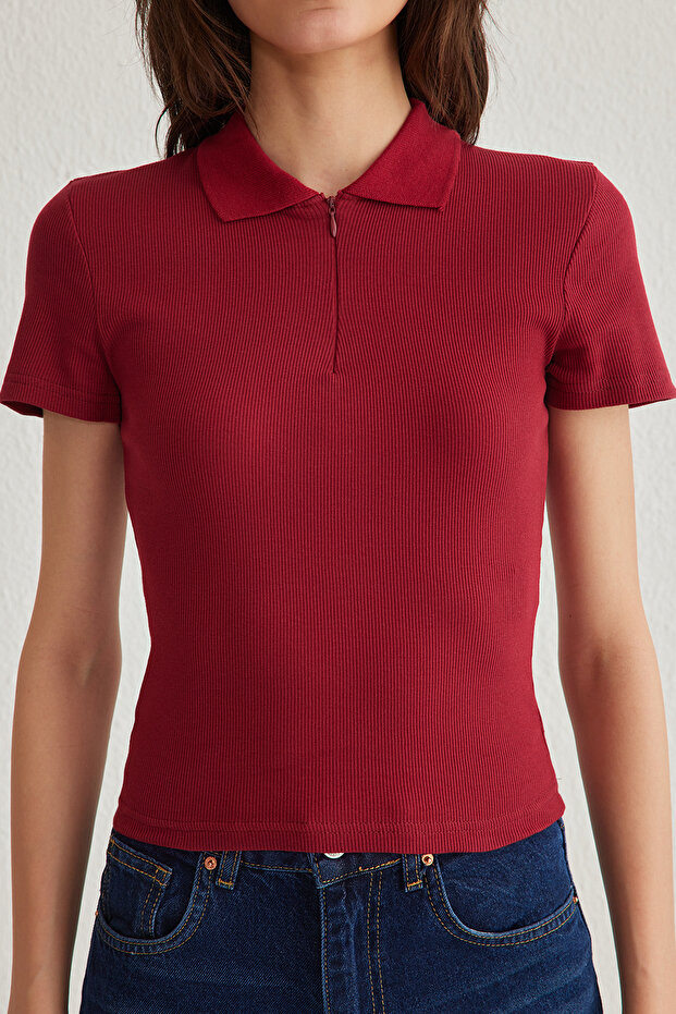 Bordo Fitted/Vücuda Oturan Polo Yaka Esnek Örme Bluz TWOSS25BZ00039 - 3