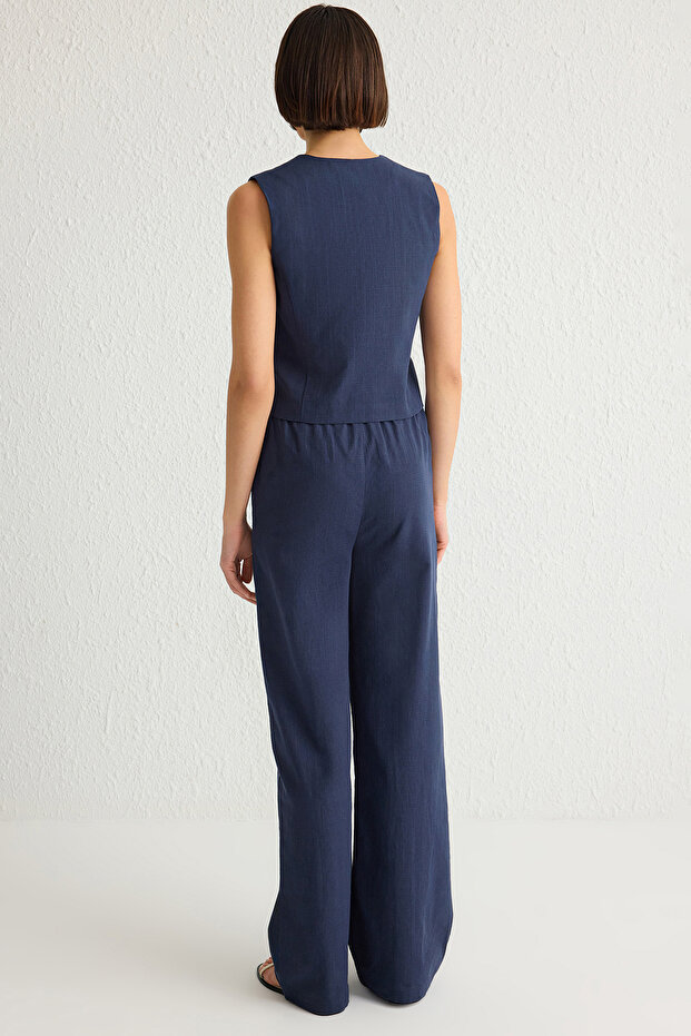 Lacivert Fiyonklu Keten Görünümlü Bluz Ve Wide Leg Pantolon Dokuma Alt-Üst Takım TWOSS25AU00034 - 5