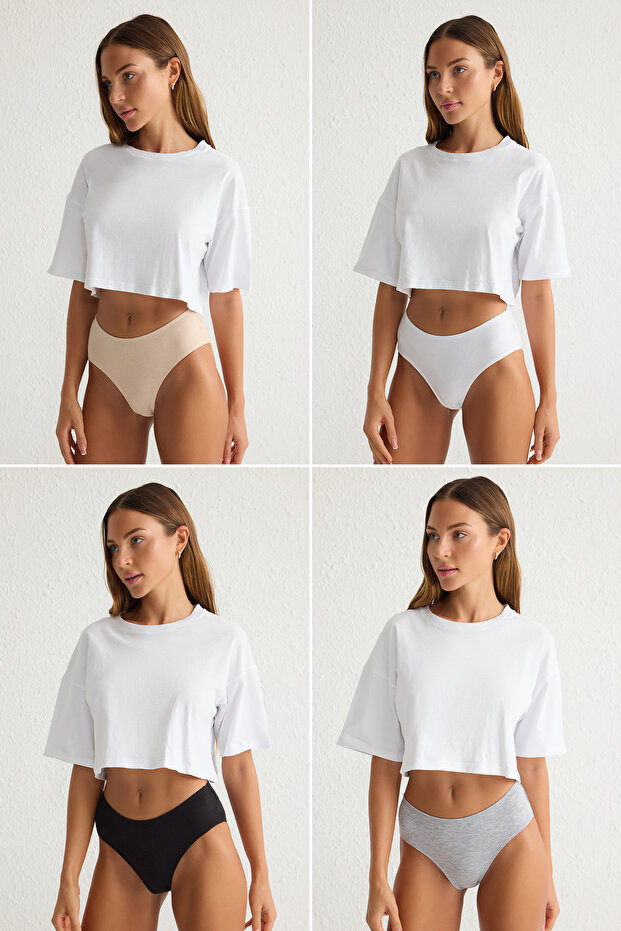 Siyah-Beyaz-Çok Renkli 4'lü Paket Pamuklu Büzgü Detaylı Hipster Örme Külot THMSS25KU00015 - 2