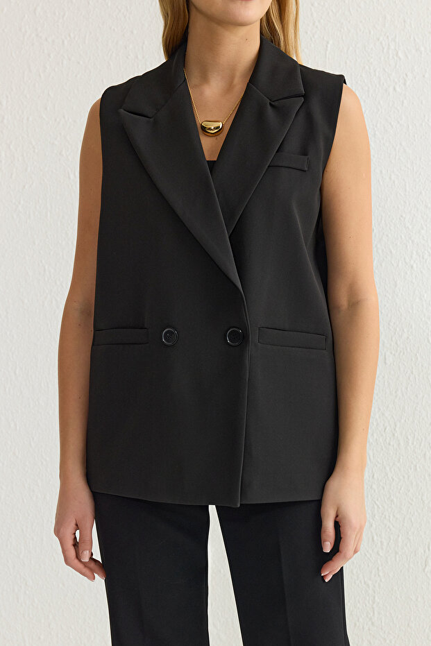 Siyah Oversize Leopar Astarlı Cep Detaylı Dokuma Kruvaze Yelek TWOSS25YE00014 - 3
