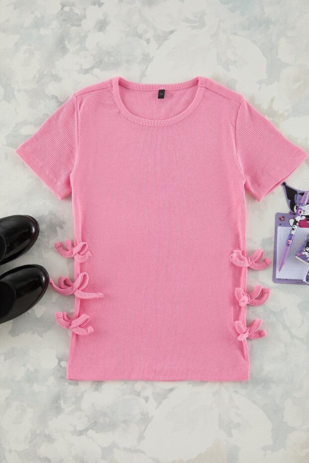 Pembe Kız Çocuk Pamuklu Regular Kalıp Fiyonk Detaylı Kısa Kol Örme T-Shirt TKDSS25TS00048 - 2