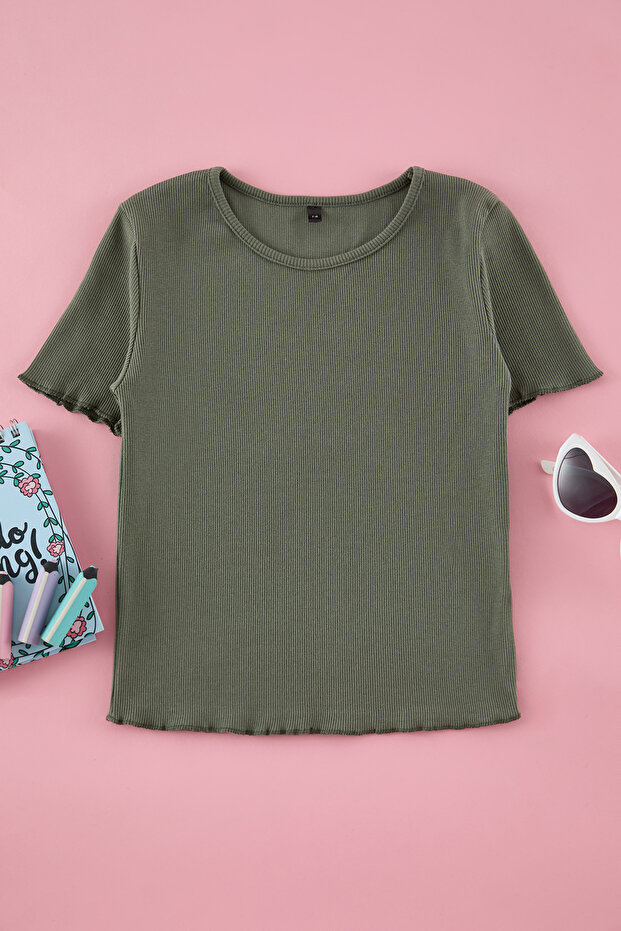 Haki Kız Çocuk Pamuklu Basic Regular Kalıp Fitilli Kısa Kol Örme T-Shirt TKDSS25TS00020 - 2