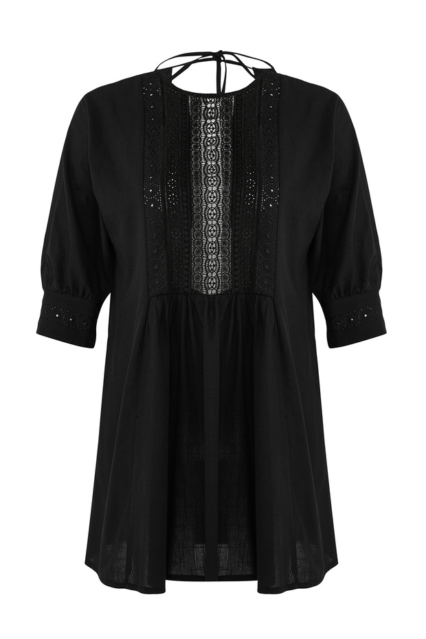 Siyah Dokuma Dantel Plaj Mini Elbise TBESS25EL00005 - 6