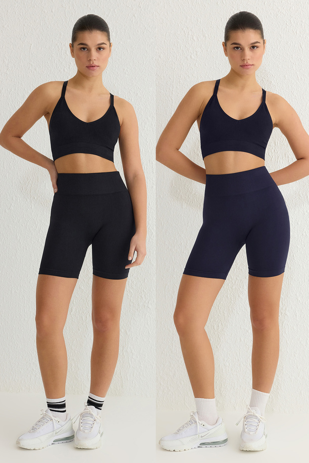 Siyah-Lacivert 2'li Paket Seamless/Dikişsiz Örme Spor Şort/Kısa Tayt THMSS25TY00002 - 1