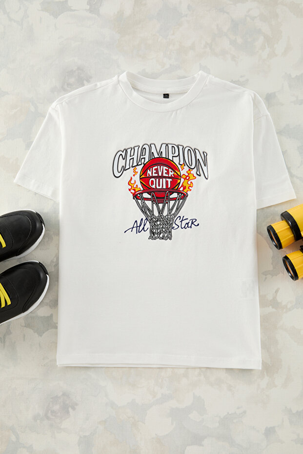 Ekru Erkek Çocuk Slogan Baskılı Regular/Normal Kalıp Kısa Kol Örme T-Shirt TKDSS25TS00031 - 4