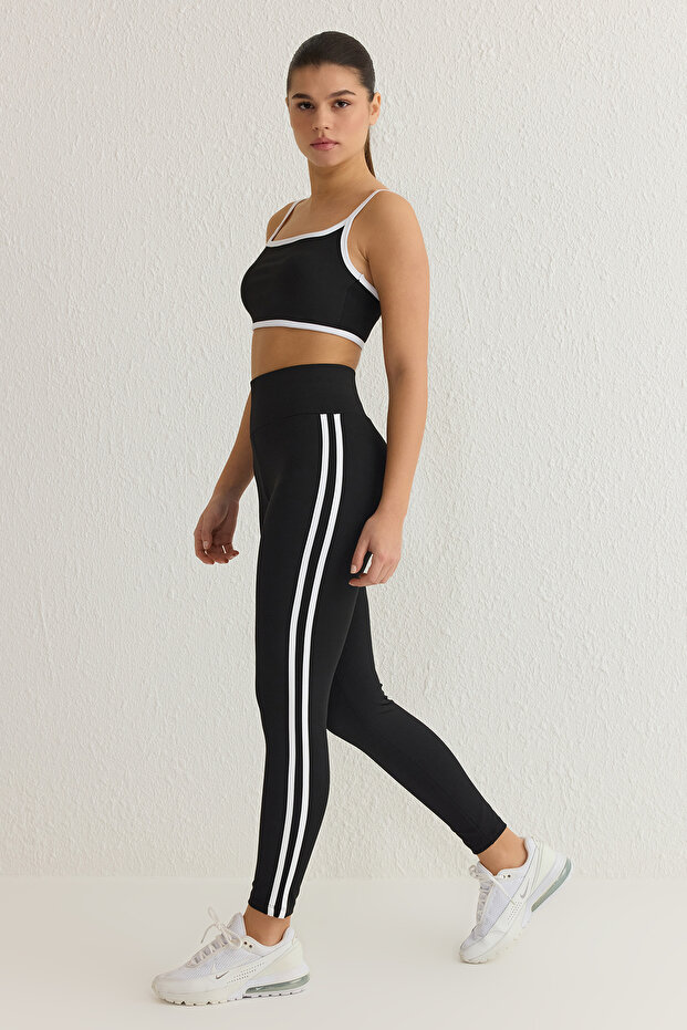Siyah Beyaz Şerit Detaylı Tam Boy Toparlayıcı Örme Spor Tayt THMSS25TY00005