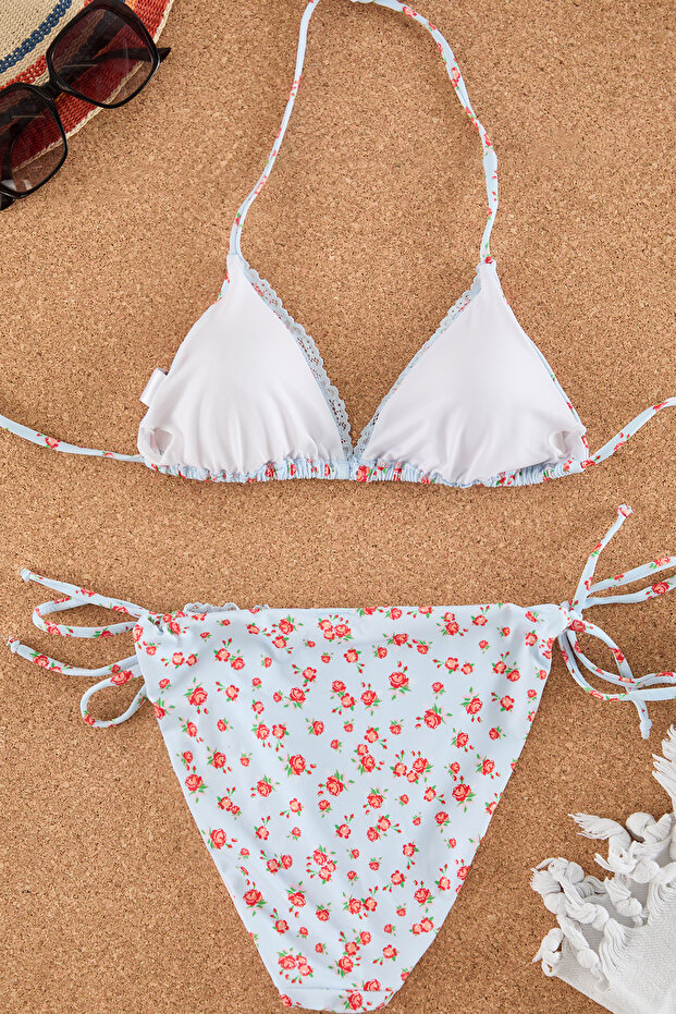 Çiçek Desenli Dantel Detaylı Üçgen Kaplı Brazilian Düşük Bel Bikini Takımı TBESS25BT00077 - 6