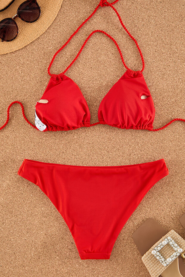 Kırmızı Tünelli Üçgen Kaplı Regular Normal Bel Bikini Takımı TBESS25BT00072 - 7