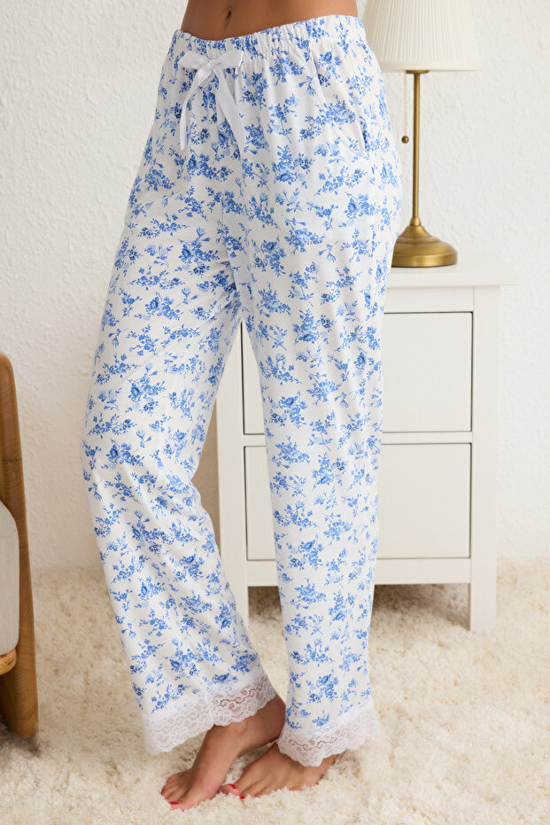 Mavi-Çok Renkli Çiçekli Dantelli ve Kurdele/Fiyonk Detaylı Viskon Örme Pijama Takımı THMSS20PT0134 - 4