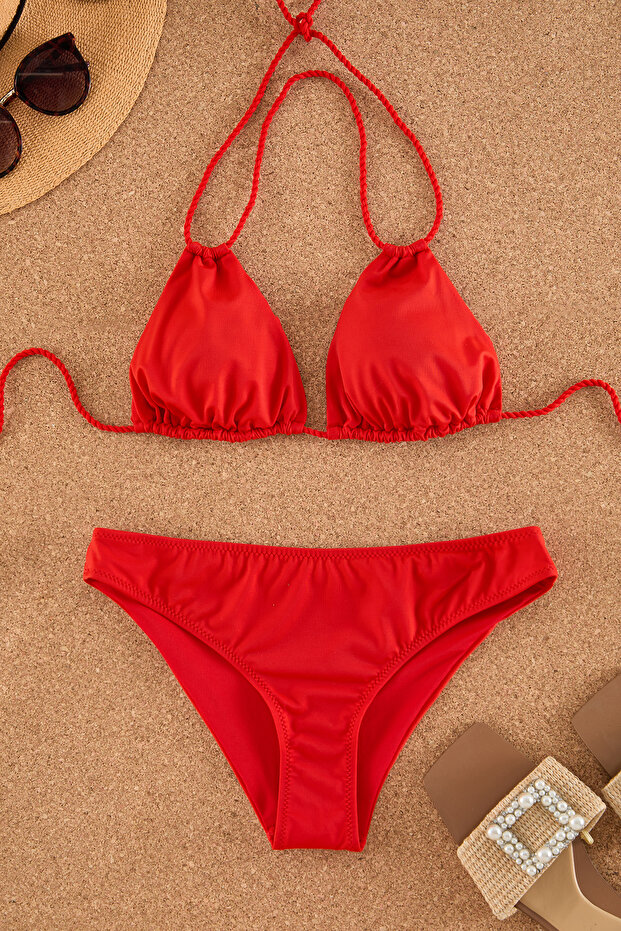 Kırmızı Tünelli Üçgen Kaplı Regular Normal Bel Bikini Takımı TBESS25BT00072 - 5
