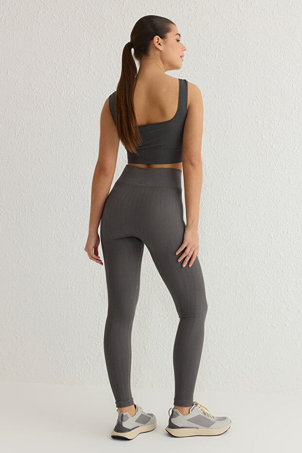 Koyu Antrasit Seamless/Dikişsiz Tam Boy Örme Spor Tayt THMSS25TY00000 - 5