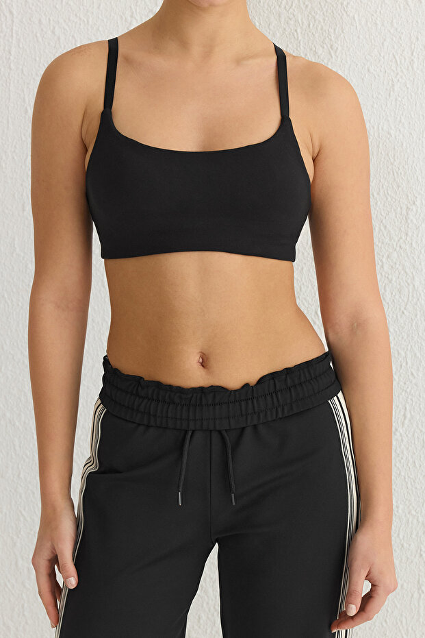 Siyah Fırçalı Soft Kumaş Baskılı Destekli/Şekillendirici Askılı Örme Spor Sütyeni THMSS25SS00009 - 4