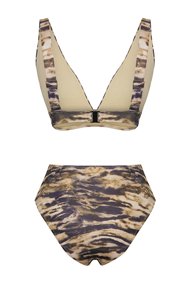 Zebra Desenli Drapeli Üçgen Kaplı Regular Yüksek Bel Bikini Takımı TBESS25BT00027 - 7
