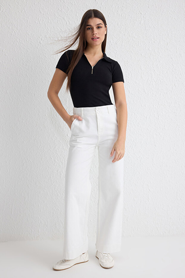 Beyaz Düğme Detaylı Yüksek Bel Comfort/Esnek Wide Leg Geniş Paça Jeans TWOSS25JE00183 - 5