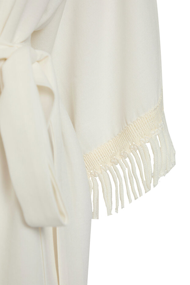 Ekru Dokuma Püskül Plaj Mini Kuşaklı Kimono&Kaftan TBESS25KM00001 - 6