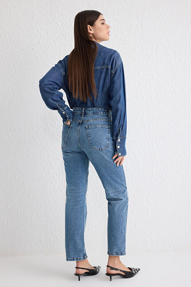 Mavi Yüksek Bel Düz Kesim Orta Esnek Straight Jeans TWOSS25JE00099 - 5