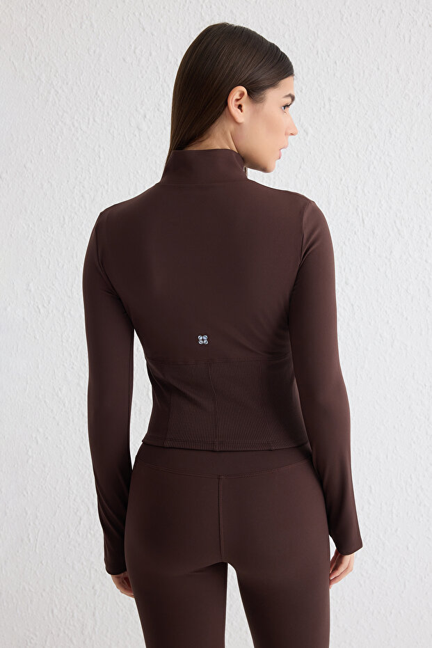 Kahverengi Fırçalı Soft Kumaş Baş Parmak Delikli Örme Spor Ceket/Sweatshirt THMAW25SK00001 - 5