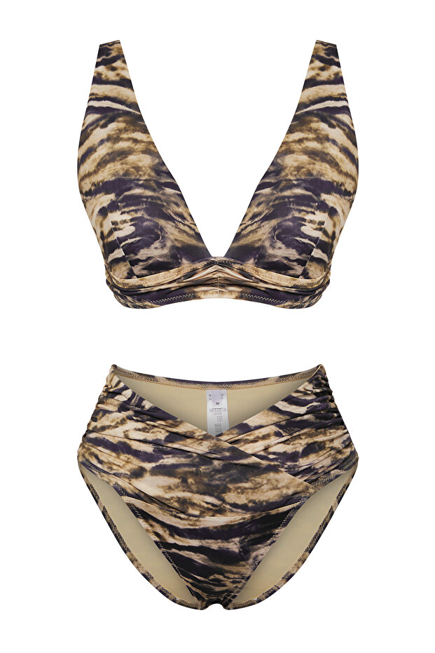 Zebra Desenli Drapeli Üçgen Kaplı Regular Yüksek Bel Bikini Takımı TBESS25BT00027 - 5