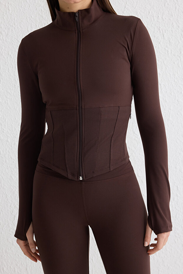 Kahverengi Fırçalı Soft Kumaş Baş Parmak Delikli Örme Spor Ceket/Sweatshirt THMAW25SK00001 - 3