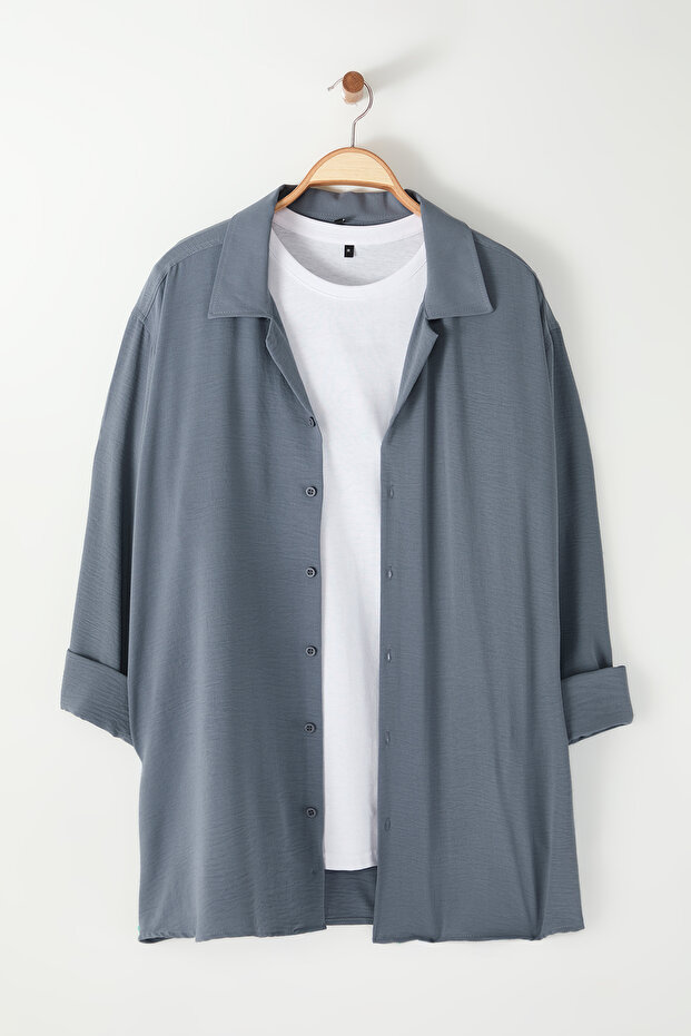 Gri Regular Fit Fit Apaş Yaka Yazlık Keten Görünümlü Büyük Beden Gömlek TMNSS24AX00012 - 4