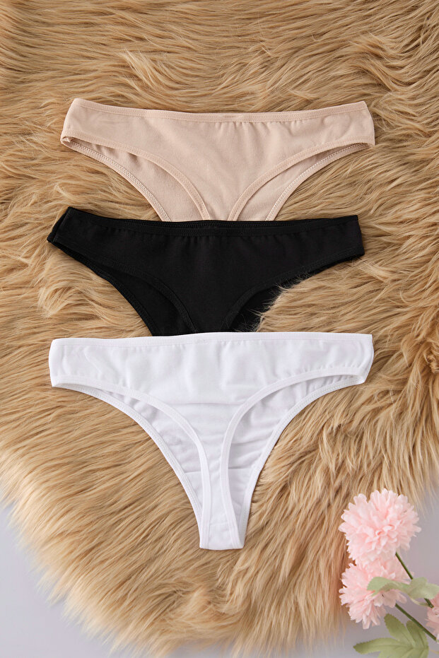 Siyah-Beyaz-Ten 3'lü Paket Pamuklu Tanga Örme Külot THMSS21KU0135 - 6