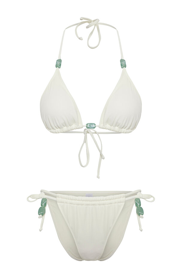 Ekru Aksesuarlı Üçgen Kaplı Brazilian Düşük Bel Bikini Takımı TBESS25BT00056 - 5